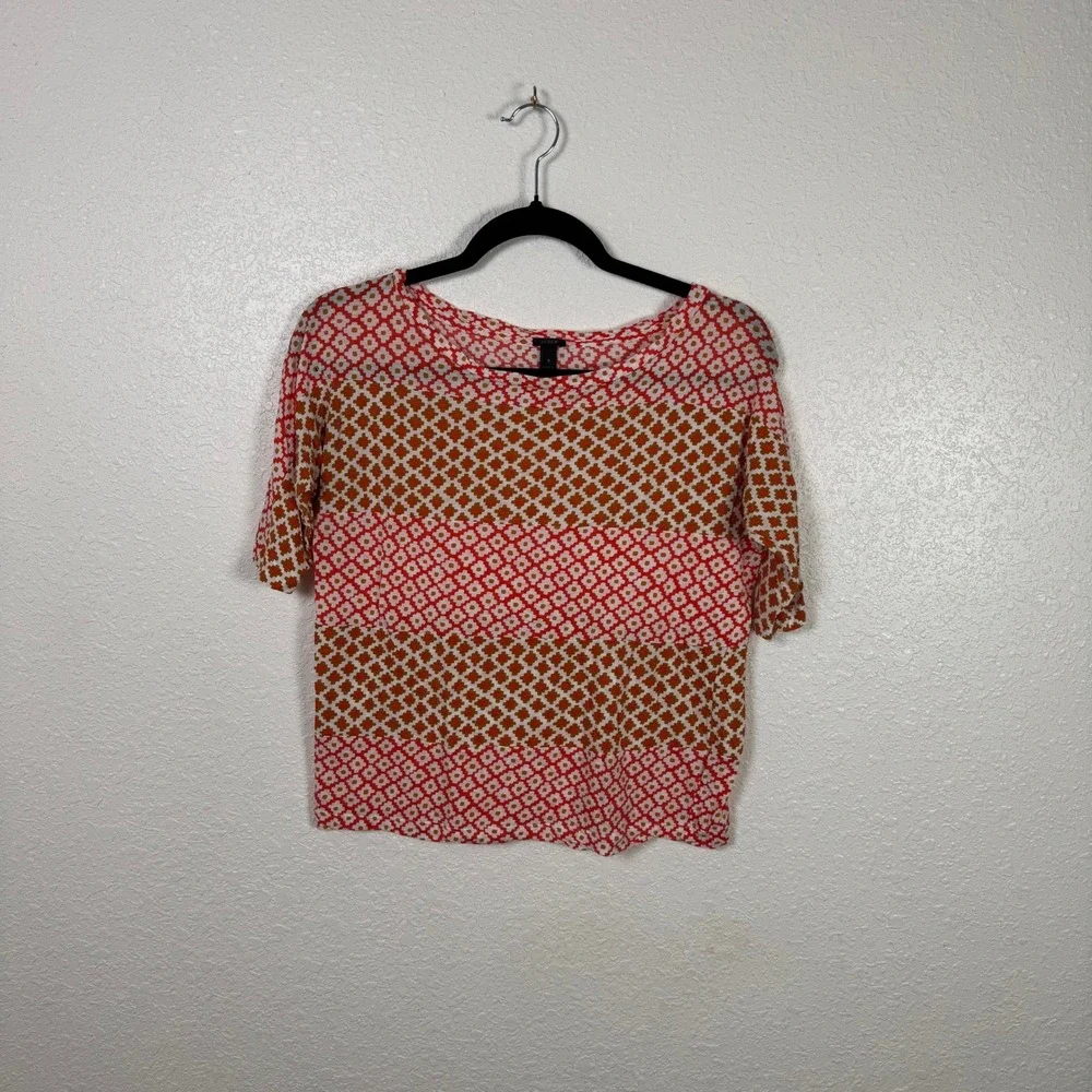 J.Crew Geometric Print Knit Top Short Sleeve Cotton Pink Orange Small
